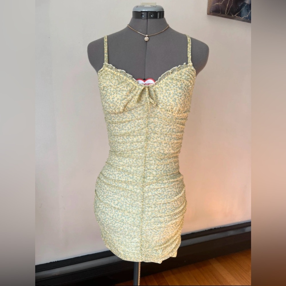 H&M Yellow Floral Ruched Spaghetti Strap Mini Dress - Picture 2 of 7